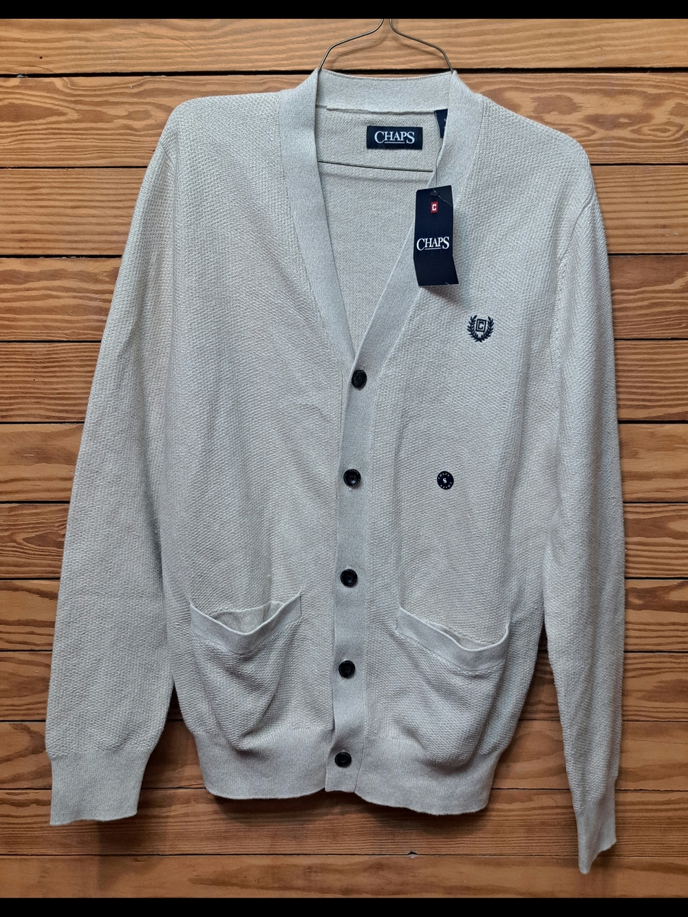 Chaps Men's Light Beige Button-Up Cardigan with Crest